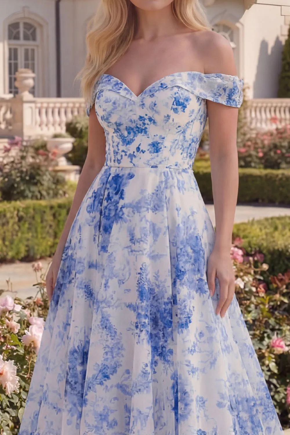 Blue Floral Off the Shoulder A Line Maxi Prom Dress sold by Wedtrend product image thumbnail 3
