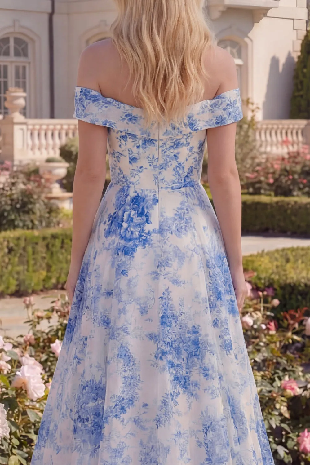 Blue Floral Off the Shoulder A Line Maxi Prom Dress sold by Wedtrend product image thumbnail 4
