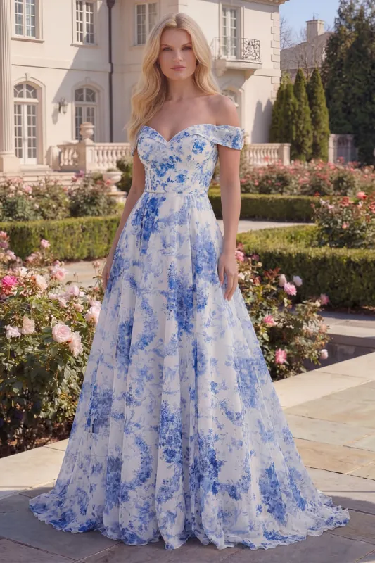 Blue Floral Off the Shoulder A Line Maxi Prom Dress made by Wedtrend