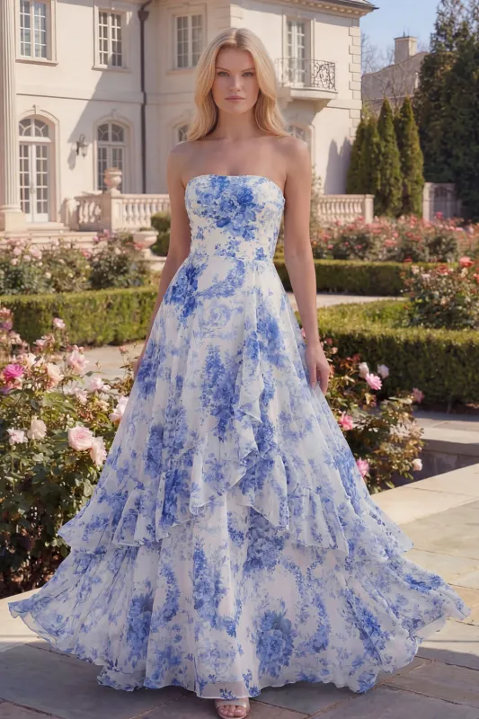 Strapless Ruffled Blue Floral A Line Maxi Prom Dress made by Wedtrend