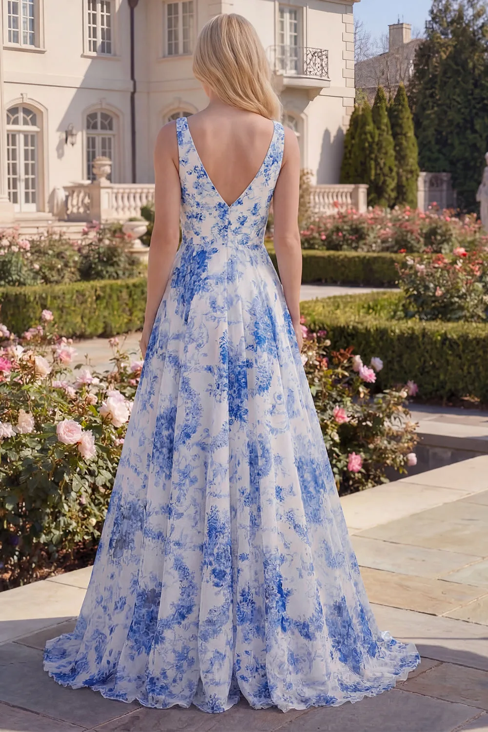 Blue Floral A Line V Neck Sleeveless Maxi Prom Dress sold by Wedtrend product image thumbnail 2