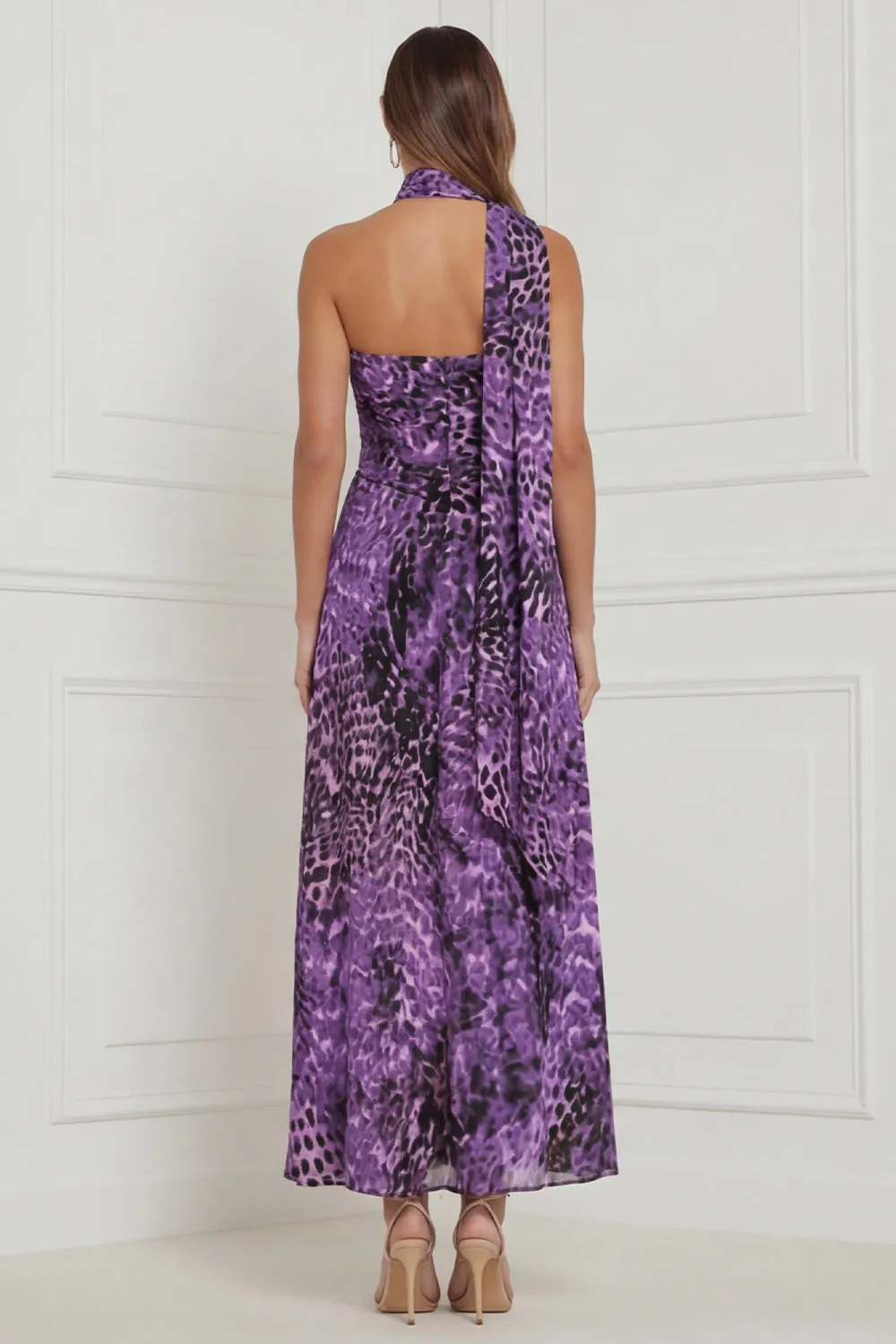 Purple Leopard Print Strapless A Line Midi Wedding Guest Dress with Sash sold by Wedtrend product image thumbnail 2