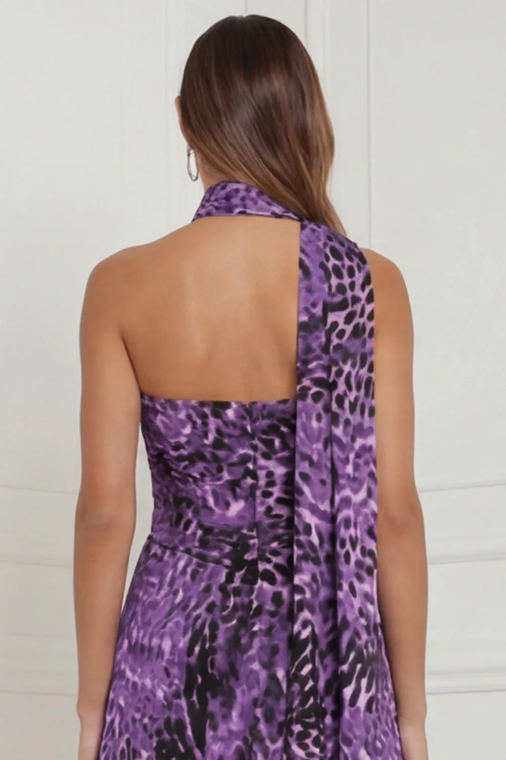 Purple Leopard Print Strapless A Line Midi Wedding Guest Dress with Sash sold by Wedtrend product image thumbnail 5