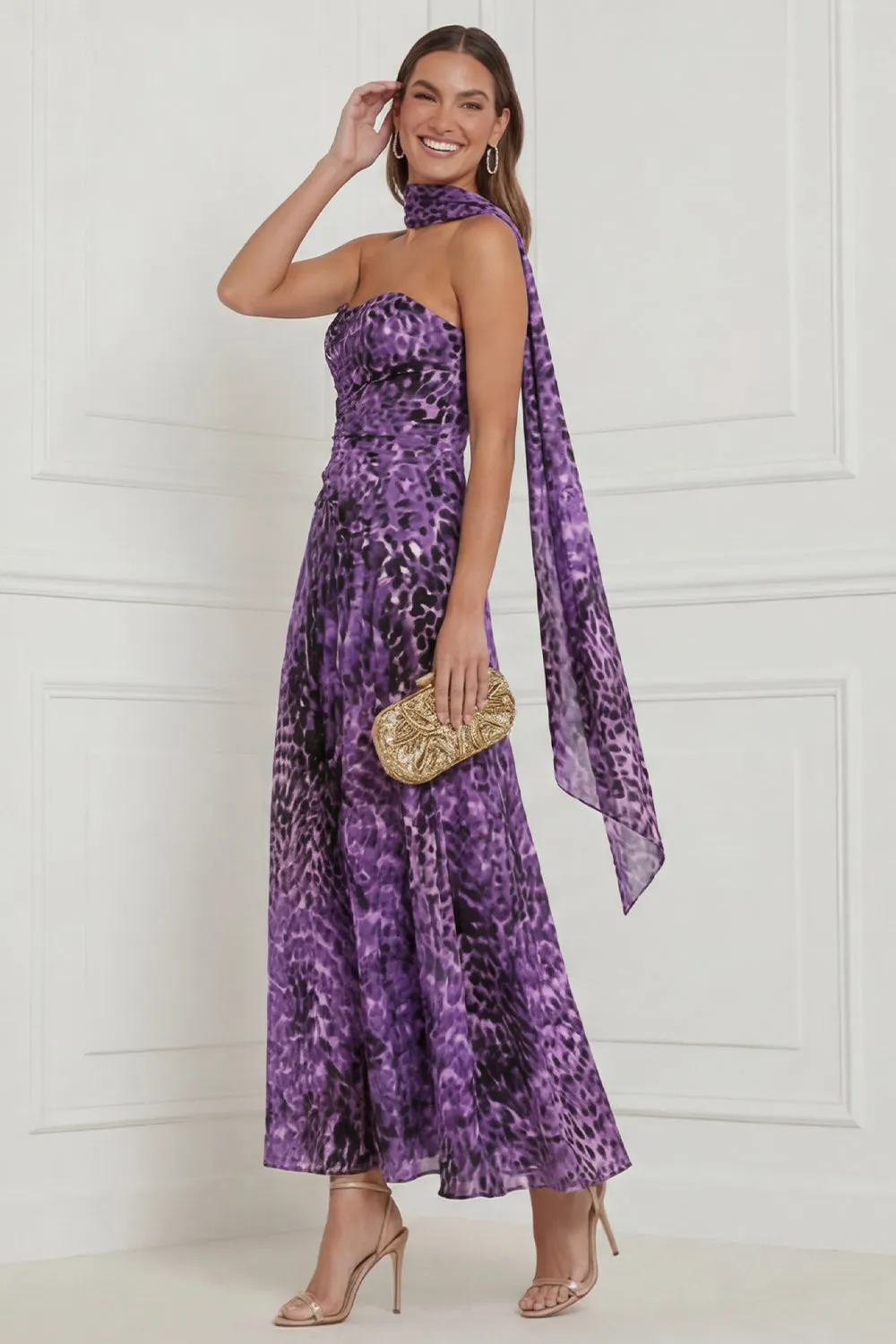 Purple Leopard Print Strapless A Line Midi Wedding Guest Dress with Sash sold by Wedtrend product image thumbnail 3