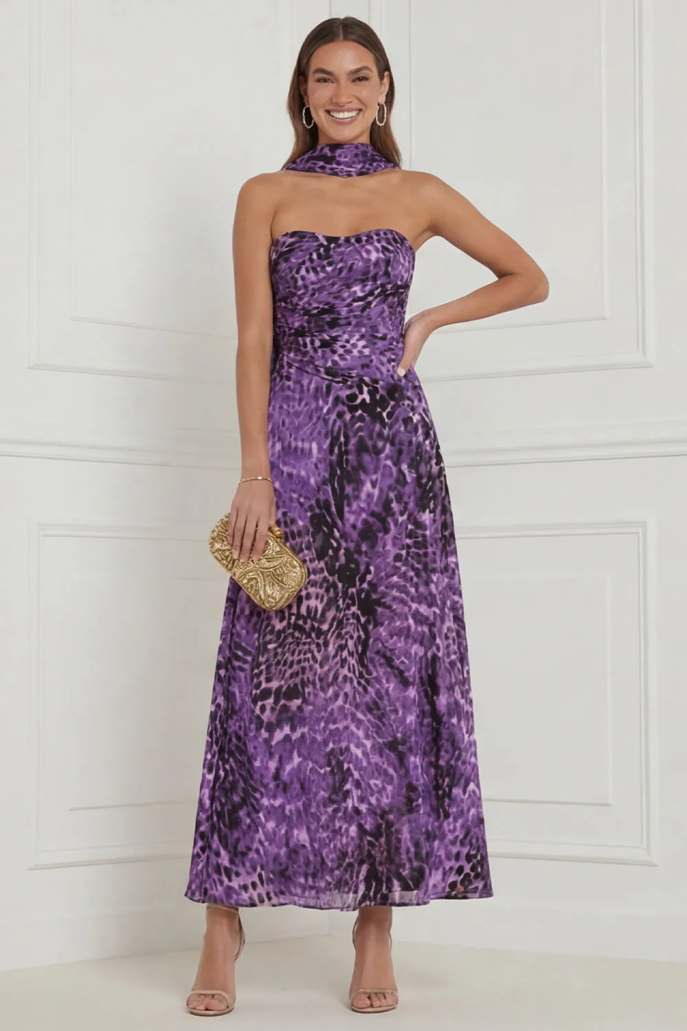 Purple Leopard Print Strapless A Line Midi Wedding Guest Dress with Sash sold by Wedtrend