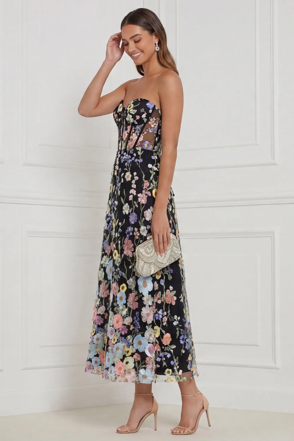 Strapless Black Floral A Line Corset Midi Wedding Guest Dress sold by Wedtrend product image thumbnail 3