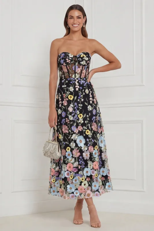 Strapless Black Floral A Line Corset Midi Wedding Guest Dress made by Wedtrend