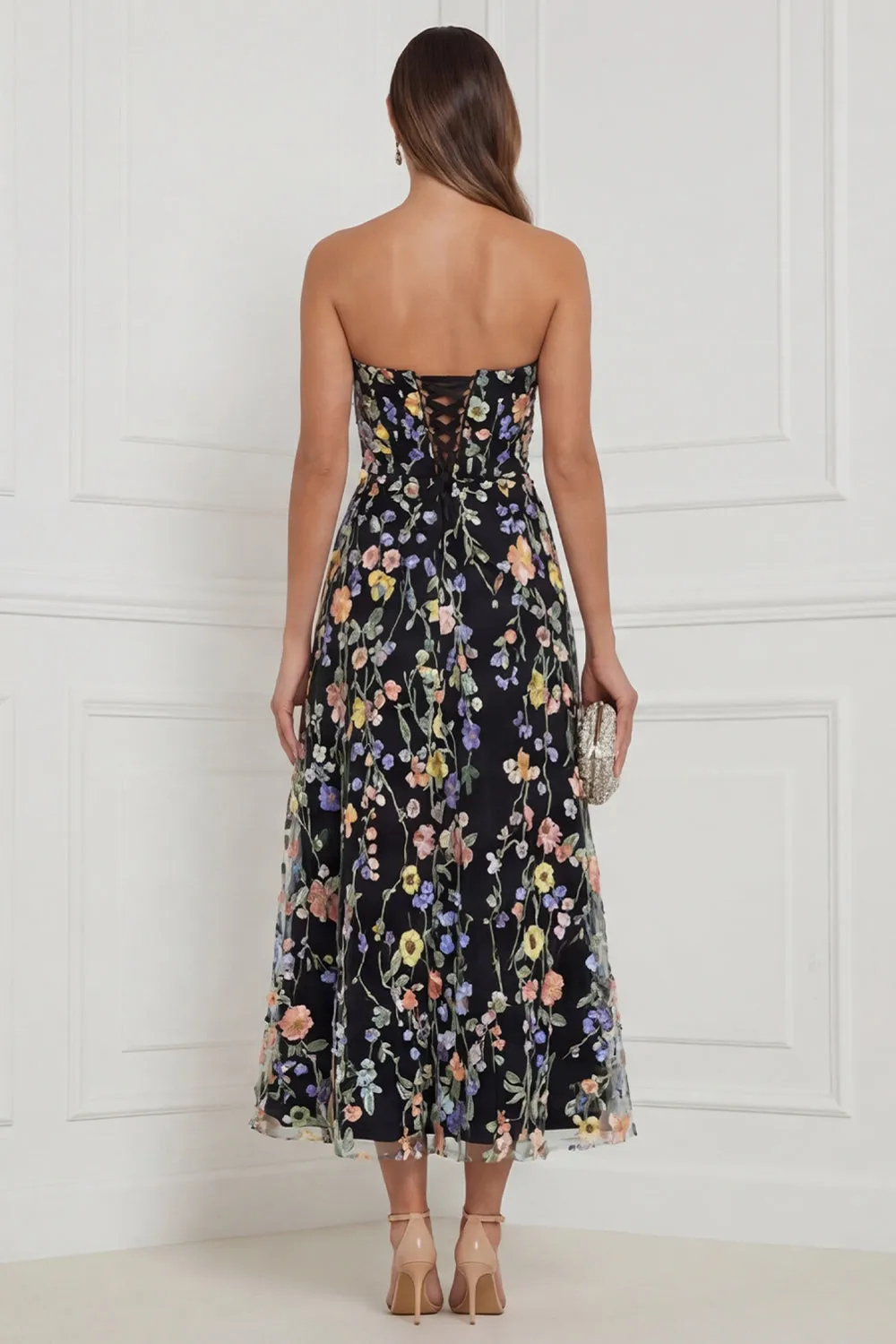 Strapless Black Floral A Line Corset Midi Wedding Guest Dress sold by Wedtrend product image thumbnail 2