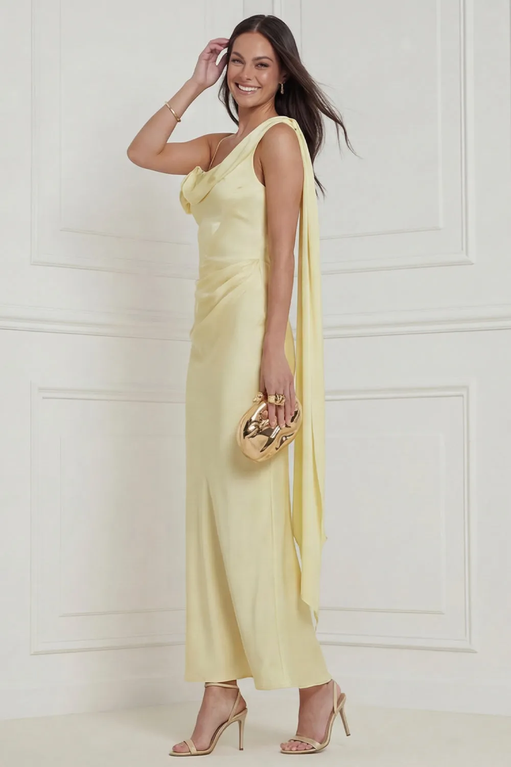 Daffodil Asymmetrical Neck Satin Wedding Guest Dress sold by Wedtrend product image thumbnail 3