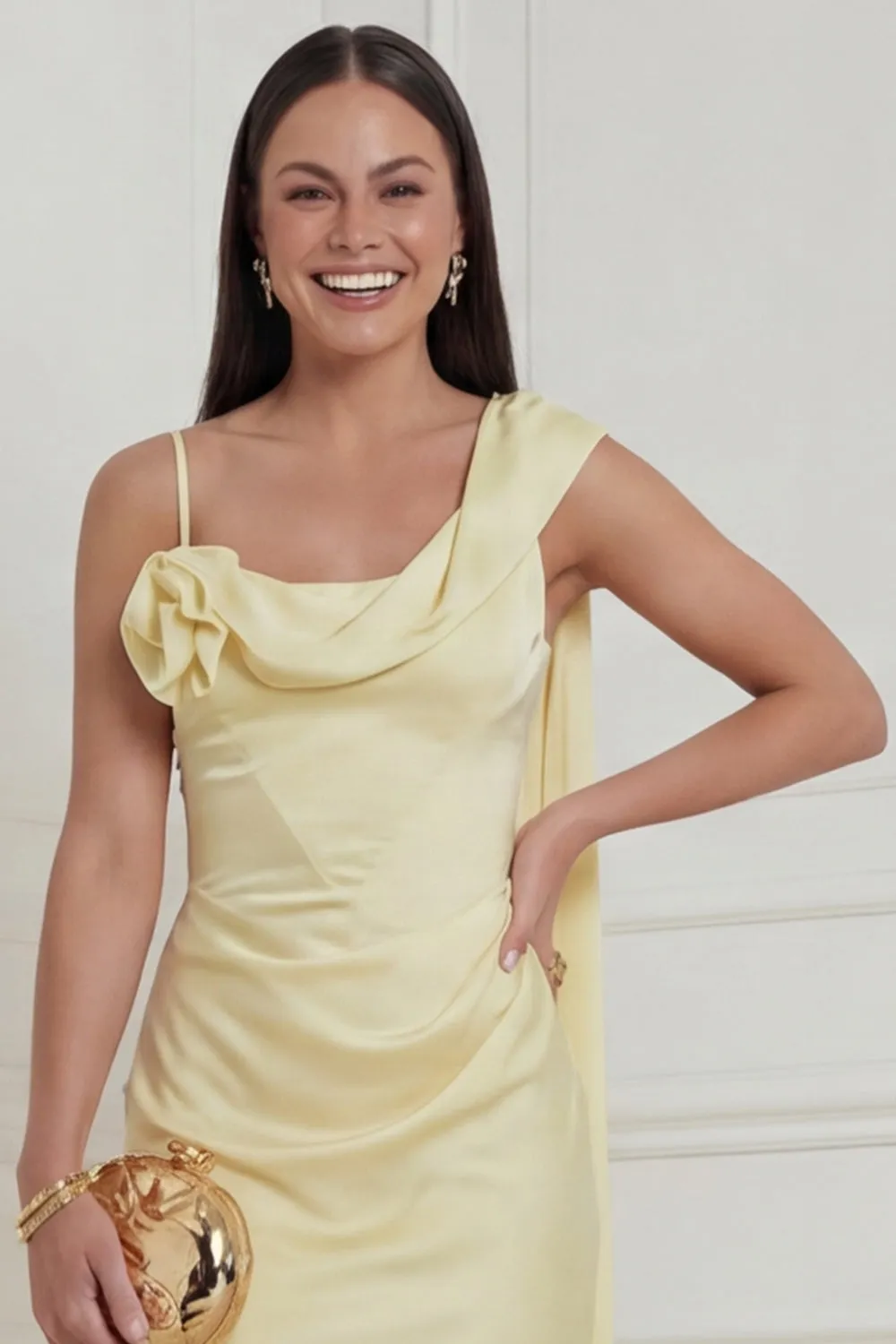 Daffodil Asymmetrical Neck Satin Wedding Guest Dress sold by Wedtrend product image thumbnail 4