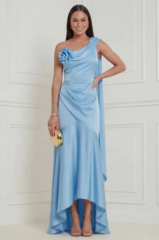 Sky Blue One Shoulder A Line 3D Flower High Low Wedding Guest Dress with Sash made by Wedtrend