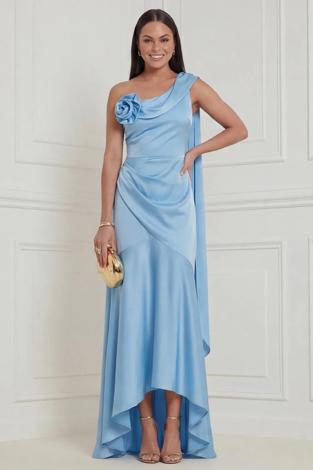 Sky Blue One Shoulder A Line 3D Flower High Low Wedding Guest Dress with Sash sold by Wedtrend