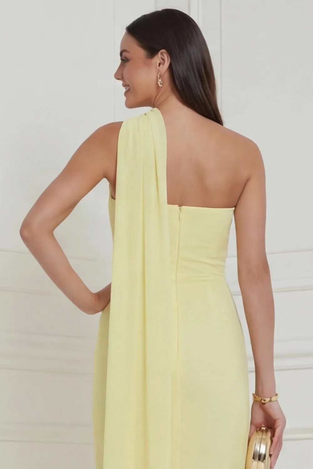 One Shoulder Sheath Daffodil Midi Wedding Guest Dress with 3D Flowers sold by Wedtrend product image thumbnail 5