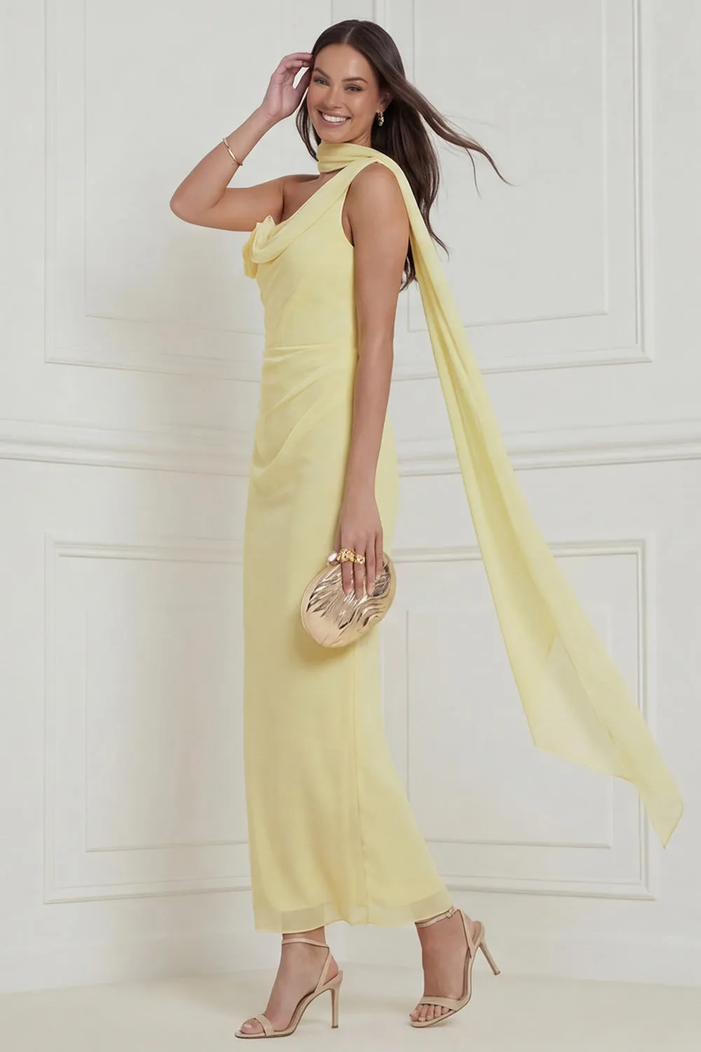 One Shoulder Sheath Daffodil Midi Wedding Guest Dress with 3D Flowers sold by Wedtrend product image thumbnail 3