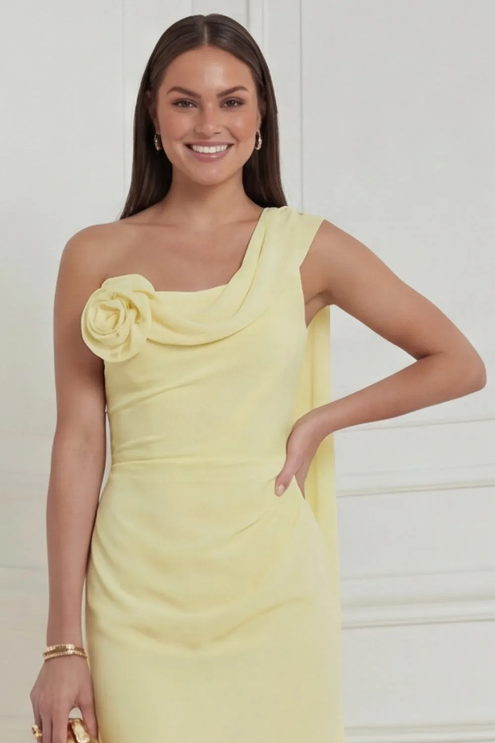 One Shoulder Sheath Daffodil Midi Wedding Guest Dress with 3D Flowers sold by Wedtrend product image thumbnail 4