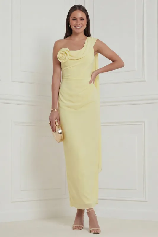 One Shoulder Sheath Daffodil Midi Wedding Guest Dress with 3D Flowers made by Wedtrend