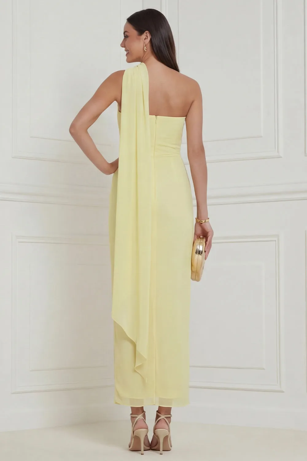 One Shoulder Sheath Daffodil Midi Wedding Guest Dress with 3D Flowers sold by Wedtrend product image thumbnail 2