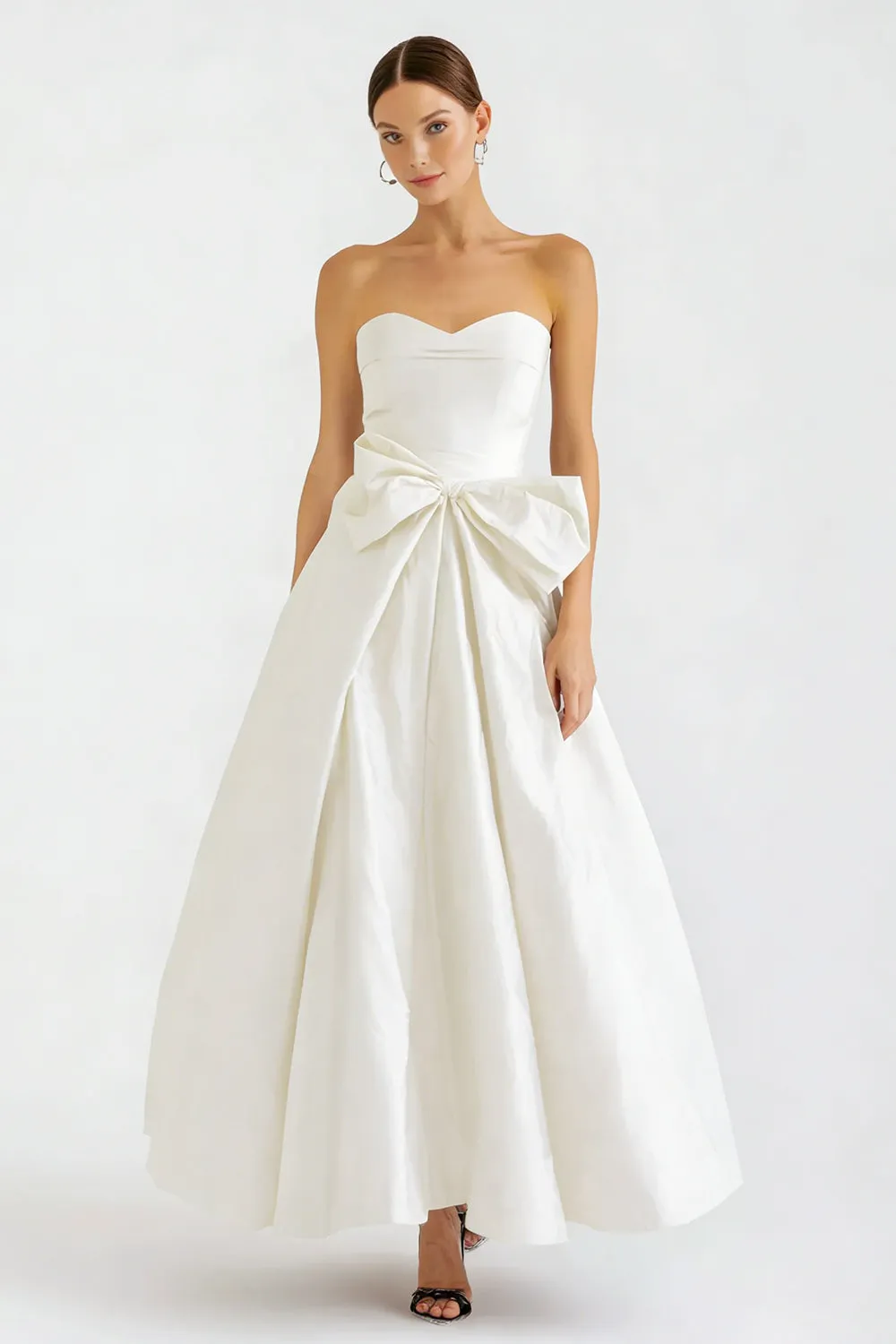 White Strapless A Line Maxi Engagement Dress with Bow sold by Wedtrend