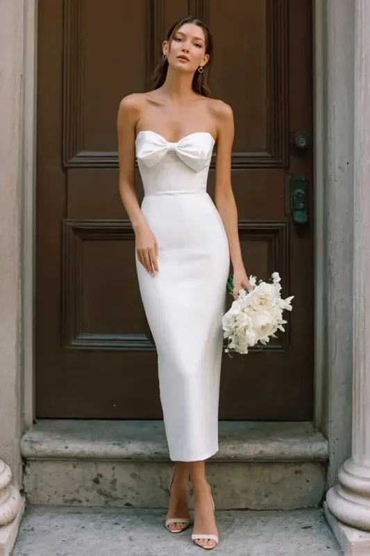 Simple Strapless Bodycon White Midi Engagement Dress with Bow made by Wedtrend