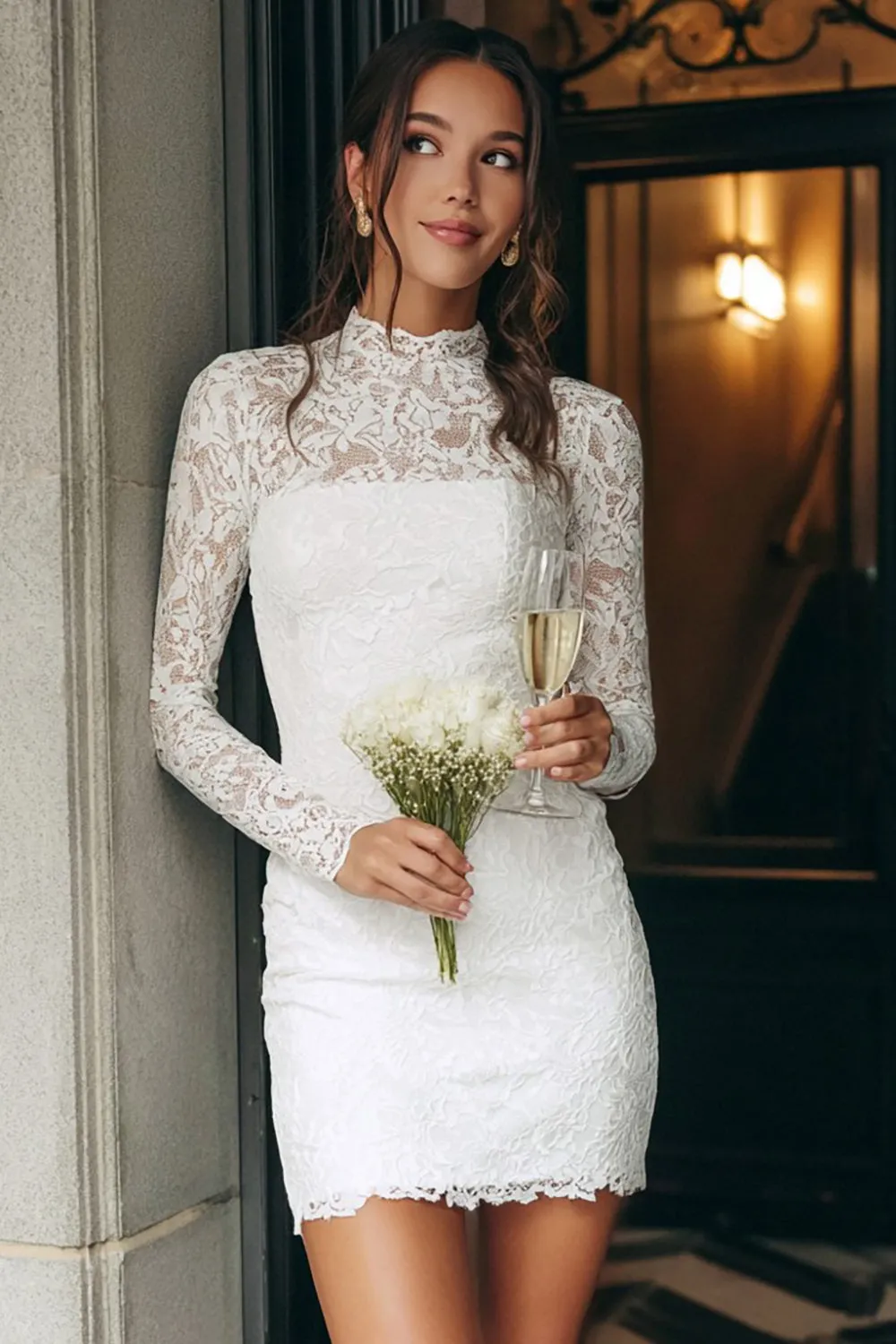 Ivory Lace High Neck Bodycon Mini Bridal Shower Dress sold by Wedtrend