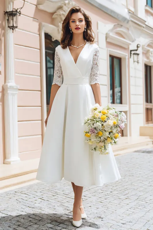 Ivory A-Line V-Neck Midi Bridal Shower Dress With Lace Half Sleeves made by Wedtrend