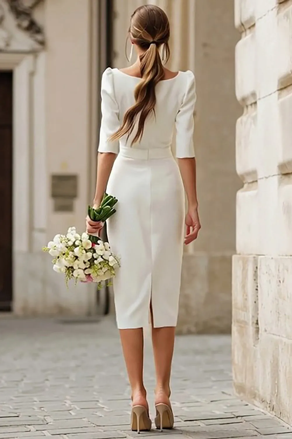Sheath Ivory Bateau Neck Midi Courthouse Wedding Dress With Half Sleeves sold by Wedtrend product image thumbnail 2