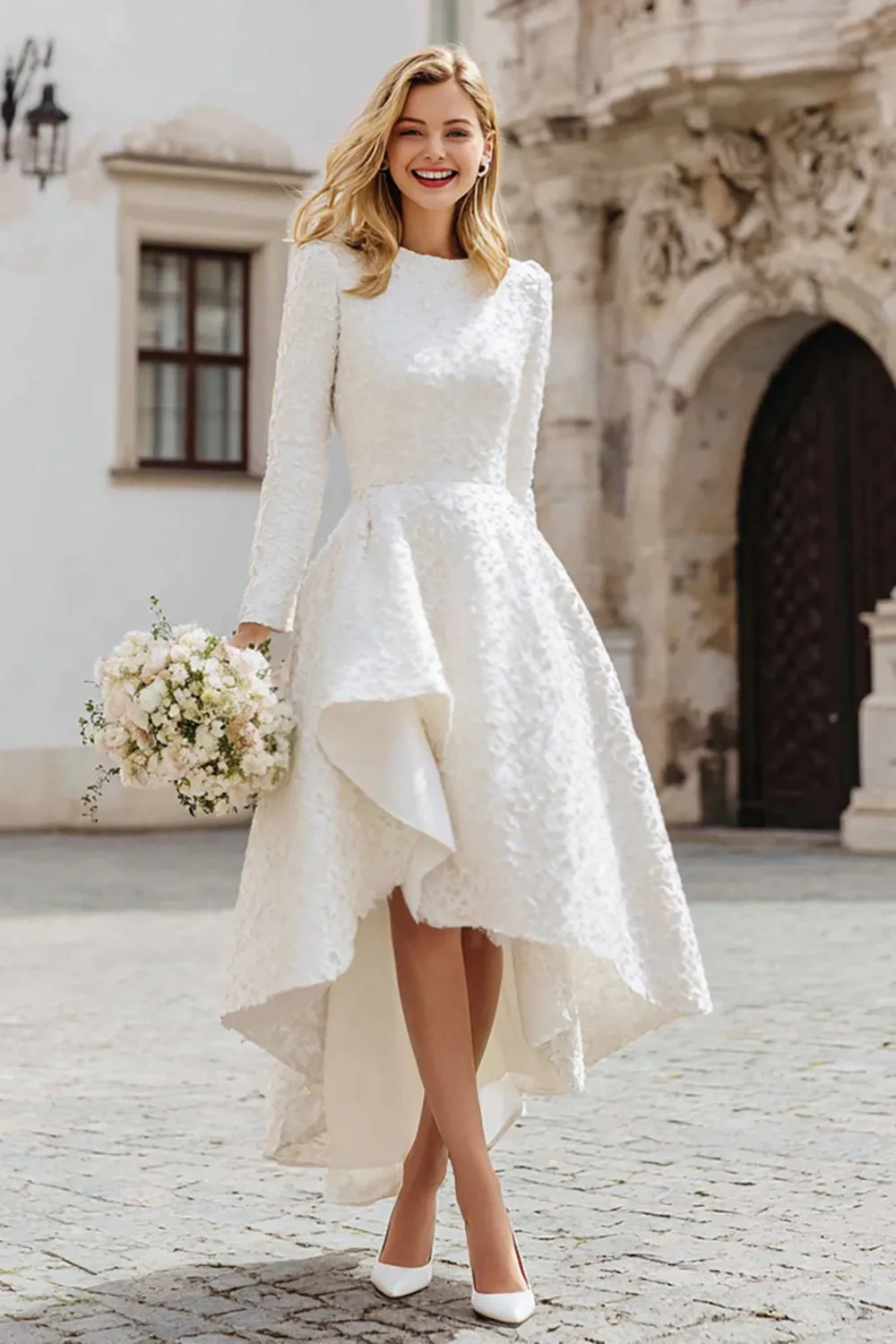High-Low A-Line Ivory Bridal Shower Dress with Long Sleeves sold by Wedtrend