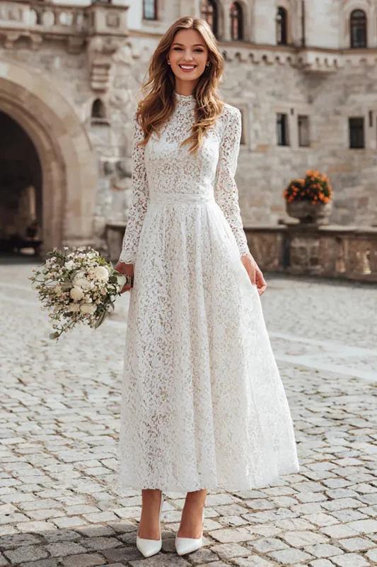 Lace Ivory A-Line Bridal Shower Dress with Long Sleeves made by Wedtrend