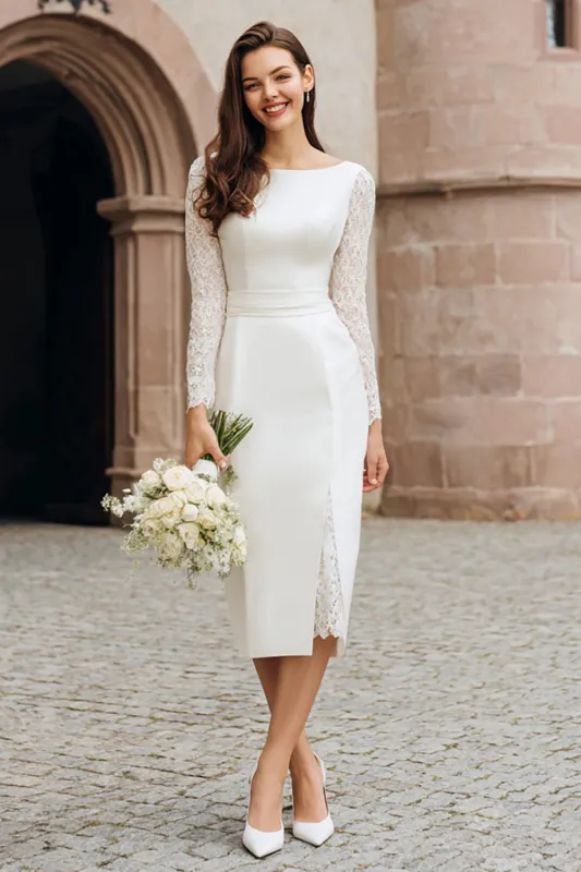 Ivory Sheath Bateau Neck Midi Rehearsal Dinner Dress made by Wedtrend