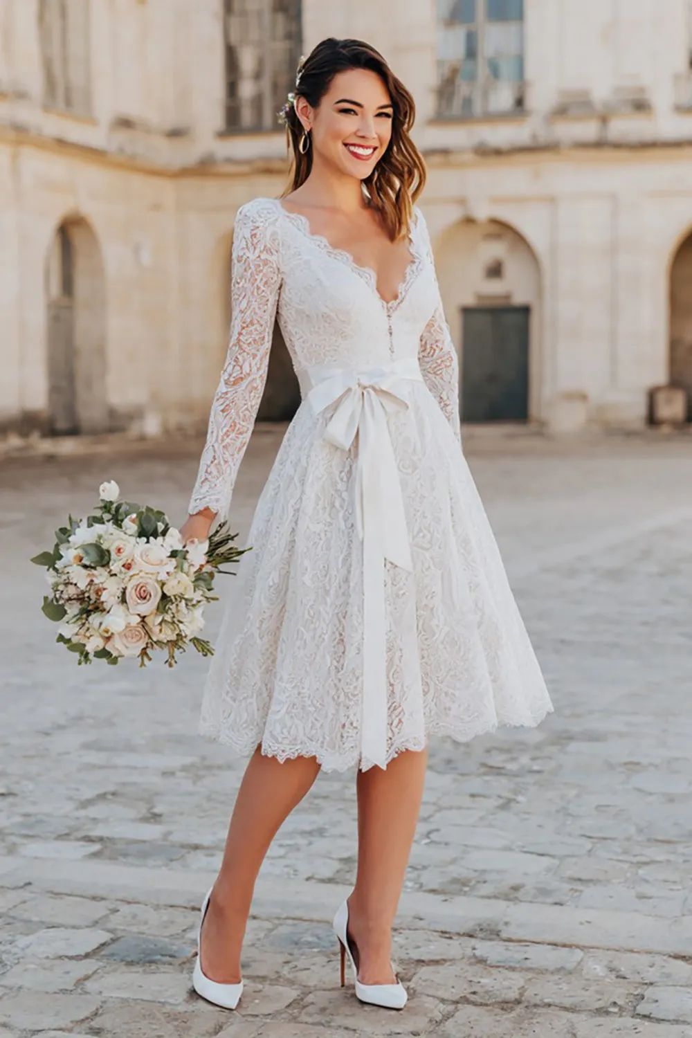 Elegant Ivory A-Line Lace Bridal Shower Dress With Bow sold by Wedtrend