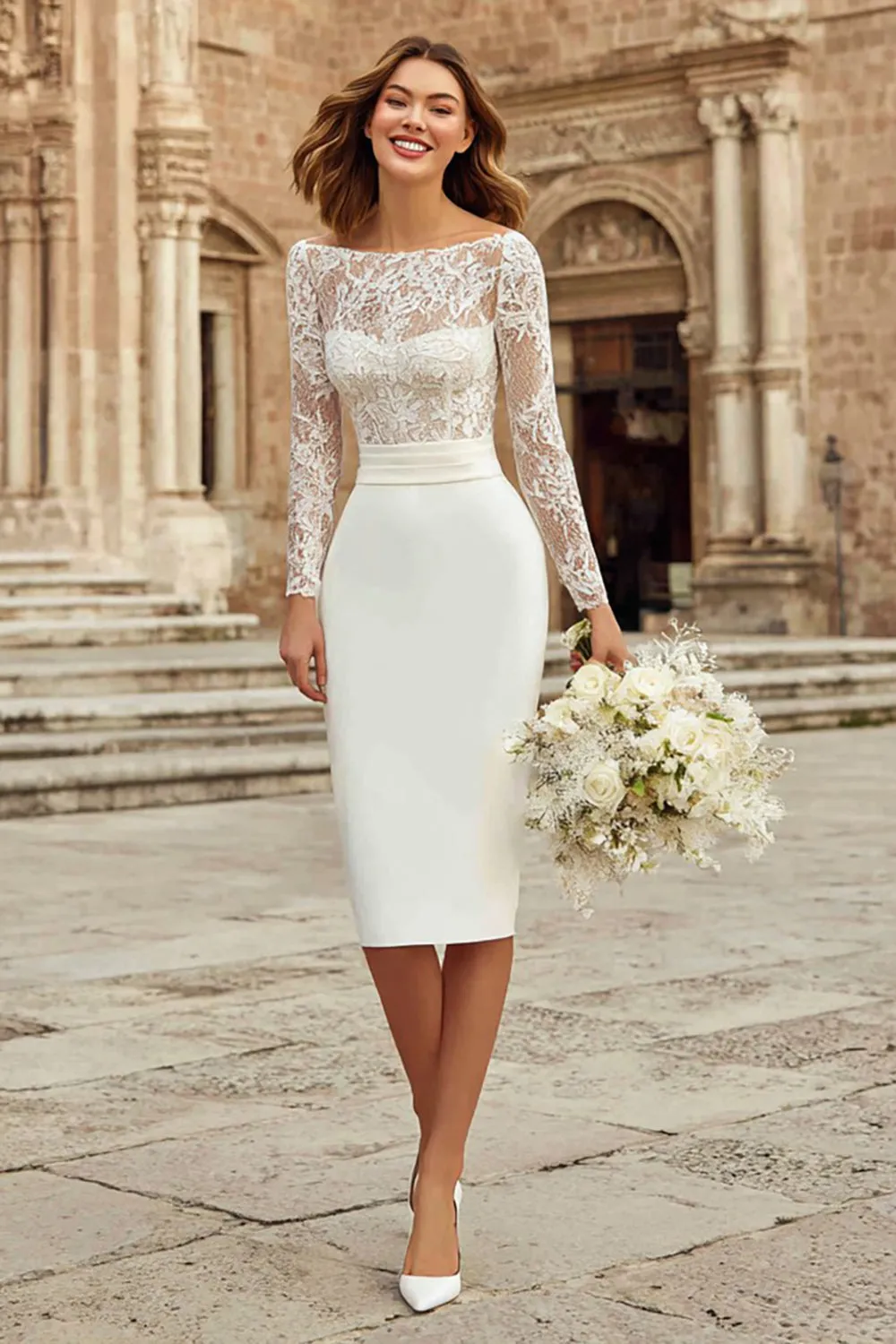 Elegant Ivory Sheath Midi Rehearsal Dinner Dress With Lace Long Sleeves sold by Wedtrend