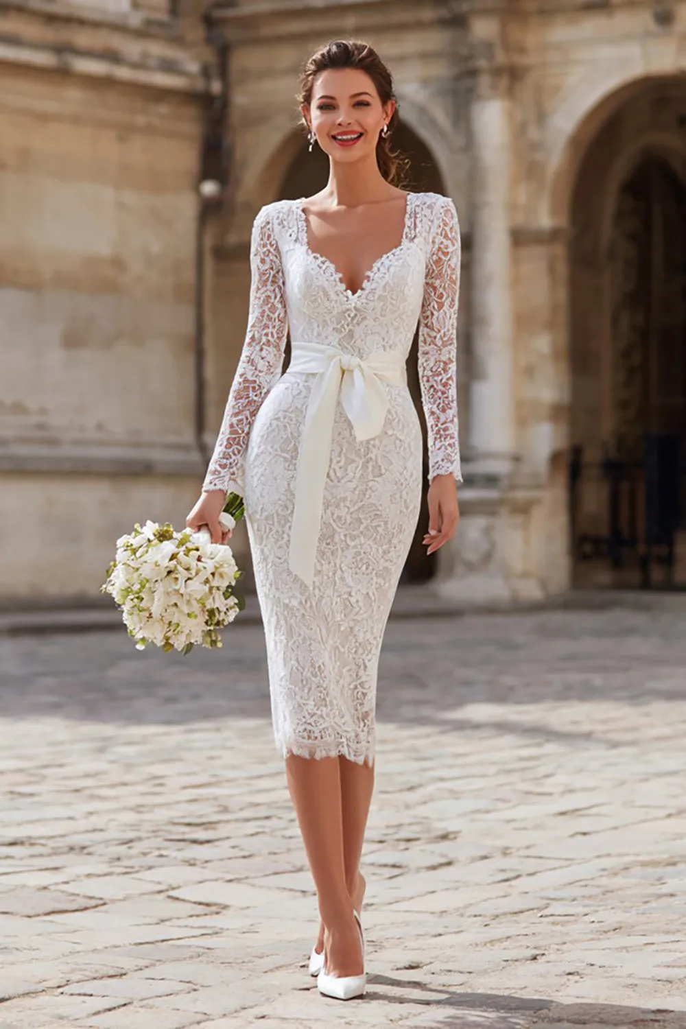 Ivory Lace Sheath Midi Bridal Shower Dress with Long Sleeves sold by Wedtrend
