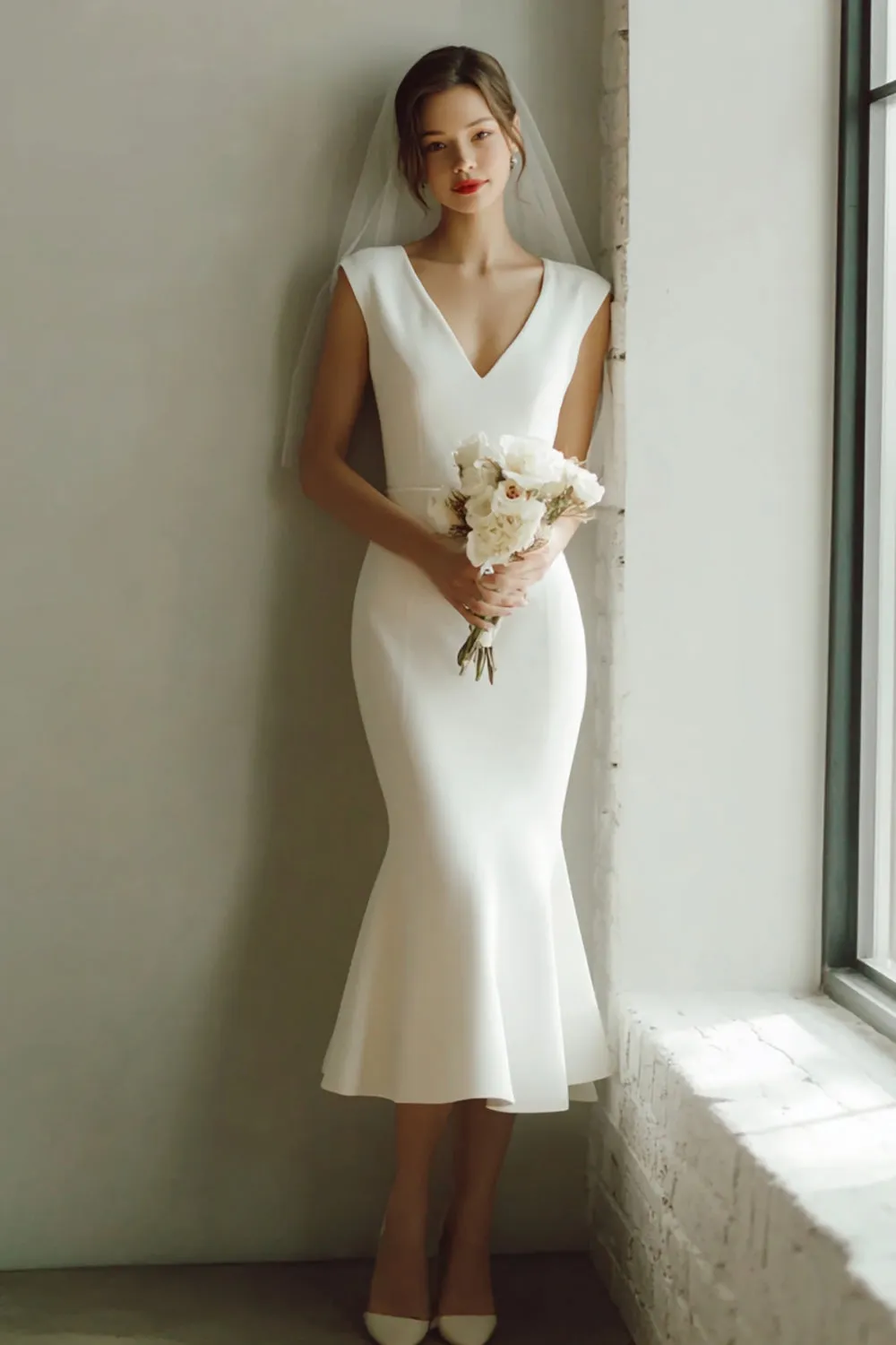 White Mermaid Satin V-Neck Midi Rehearsal Dinner Dress sold by Wedtrend