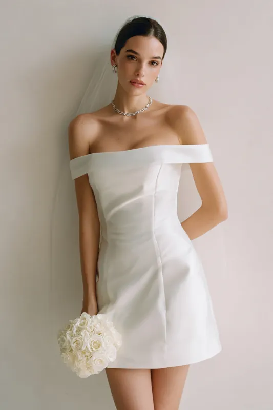 Off The Shoulder Satin White Bridal Shower Dress made by Wedtrend