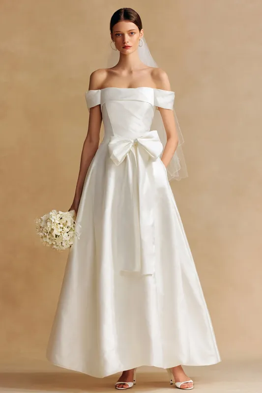 Off The Shoulder White A-Line Engagement Dress With Bow made by Wedtrend