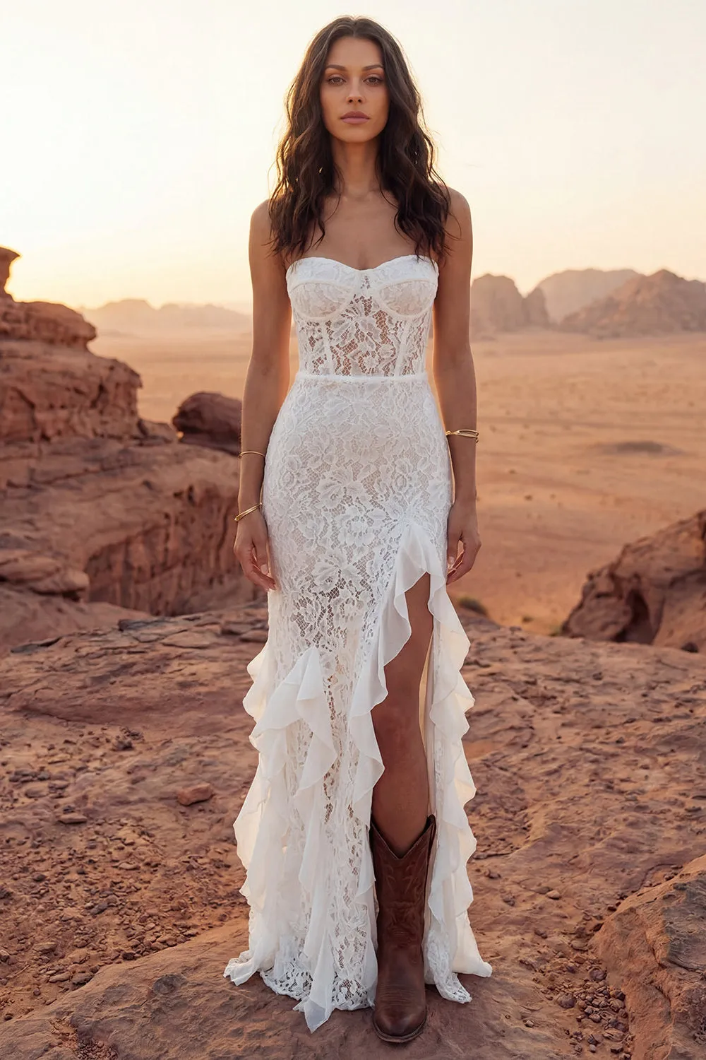 Strapless Ivory Corset Lace Boho Wedding Dress with Slit sold by Wedtrend