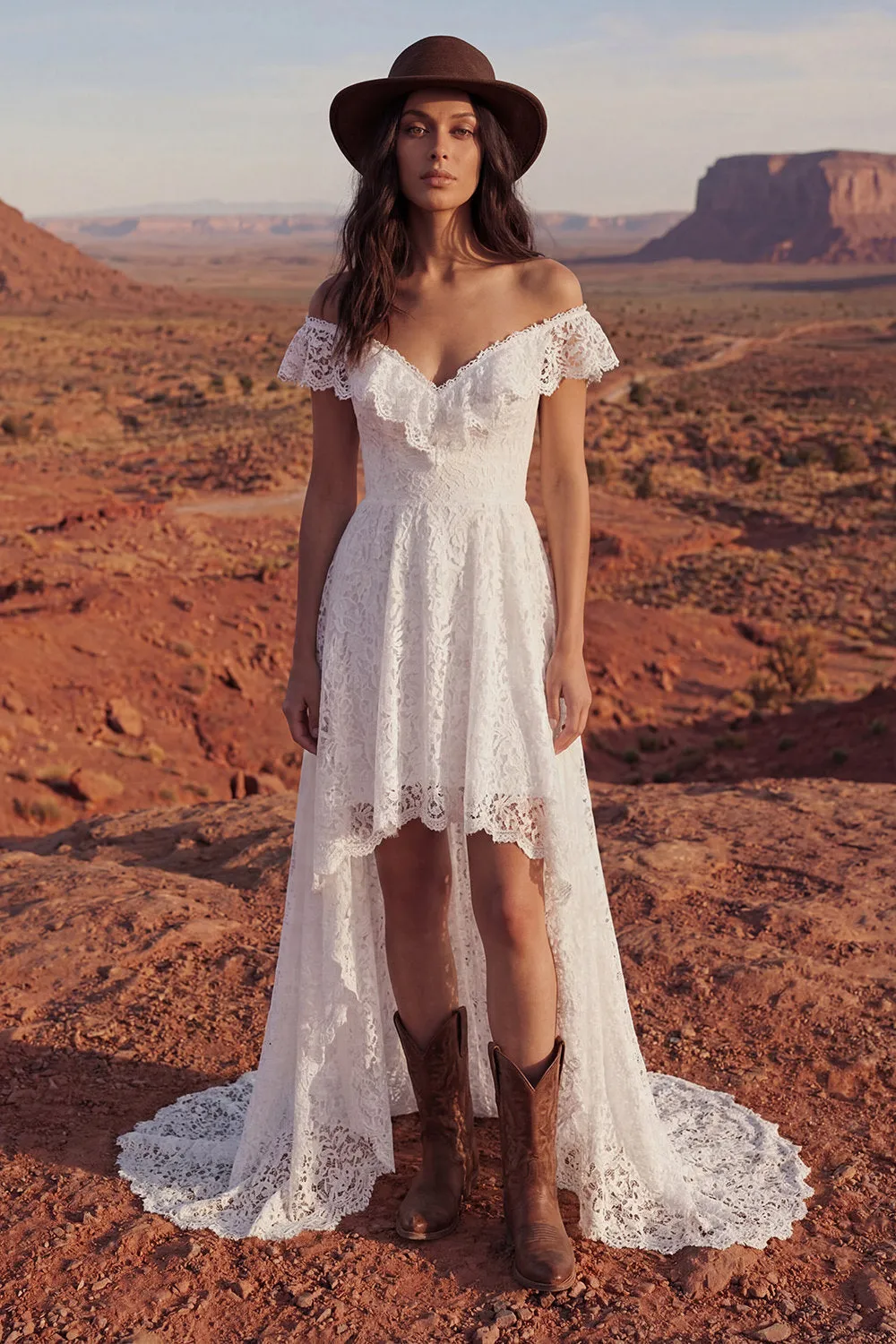 Ivory High Low A Line Off the Shoulder Boho Wedding Dress sold by Wedtrend