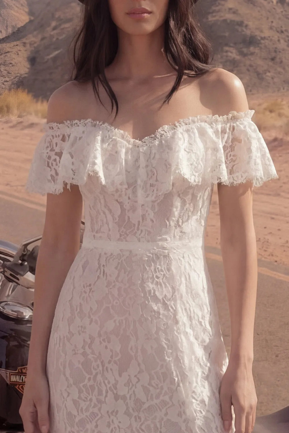 Lace Off the Shoulder Ruffled Ivory Boho Wedding Dress with Slit sold by Wedtrend product image thumbnail 3