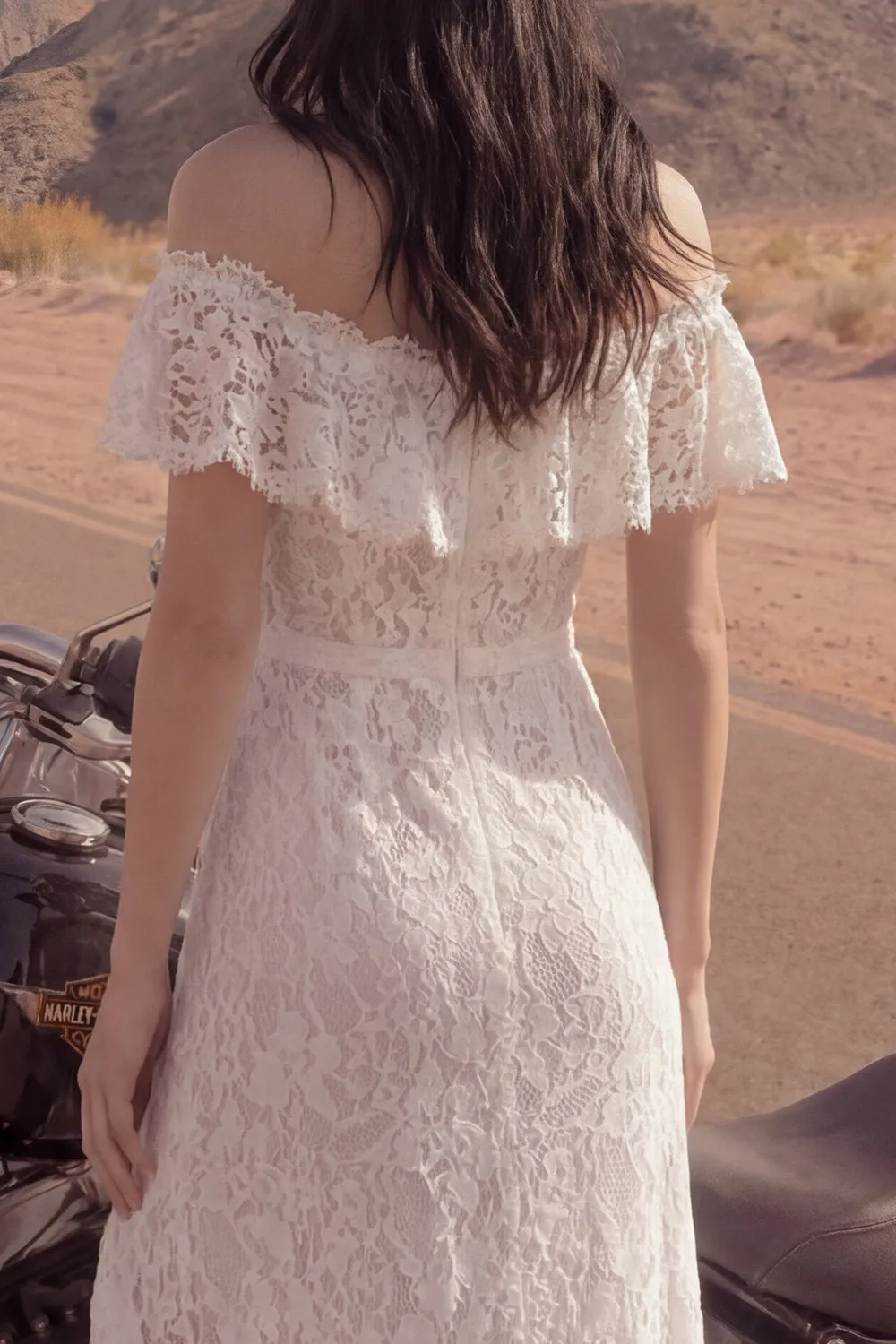 Lace Off the Shoulder Ruffled Ivory Boho Wedding Dress with Slit sold by Wedtrend product image thumbnail 4