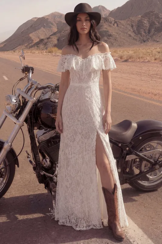 Lace Off the Shoulder Ruffled Ivory Boho Wedding Dress with Slit made by Wedtrend