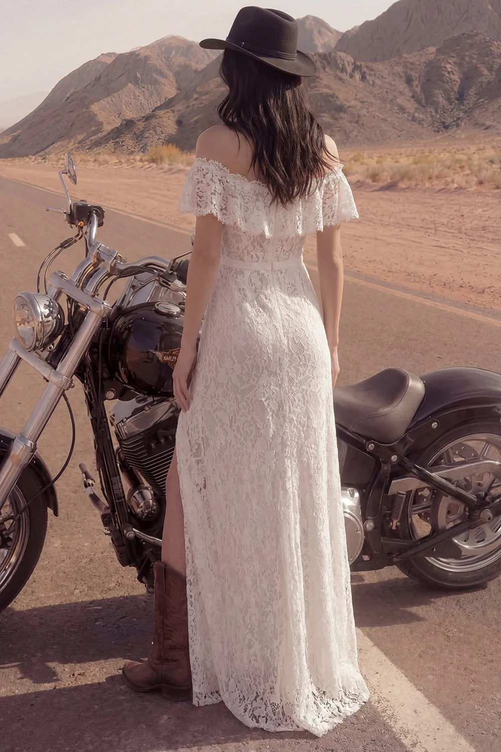 Lace Off the Shoulder Ruffled Ivory Boho Wedding Dress with Slit sold by Wedtrend product image thumbnail 2