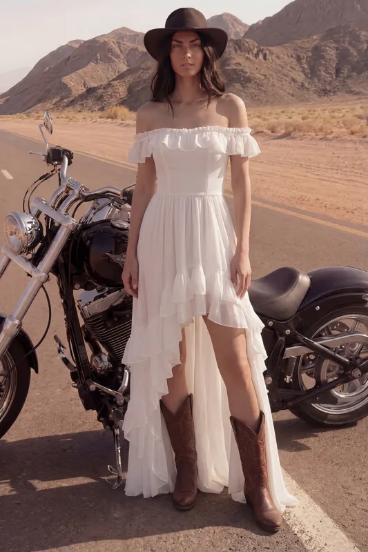 High Low Ivory Off the Shoulder Ruffled Wedding Dress made by Wedtrend
