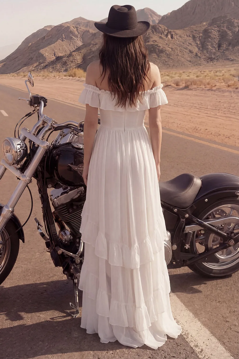 High Low Ivory Off the Shoulder Ruffled Wedding Dress sold by Wedtrend product image thumbnail 2