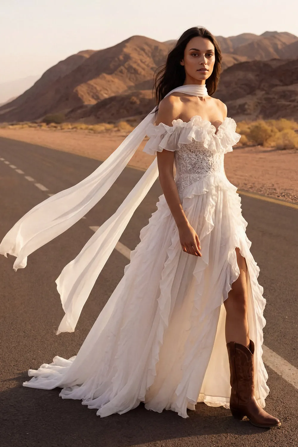 Off the Shoulder Ivory Lace Ruffled A Line Wedding Dress with Slit sold by Wedtrend
