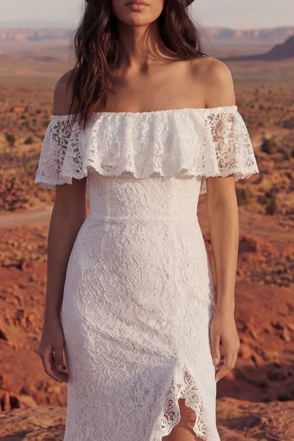 Boho Ivory Off the Shoulder Mermaid Lace Wedding Dress with Slit sold by Wedtrend product image thumbnail 3