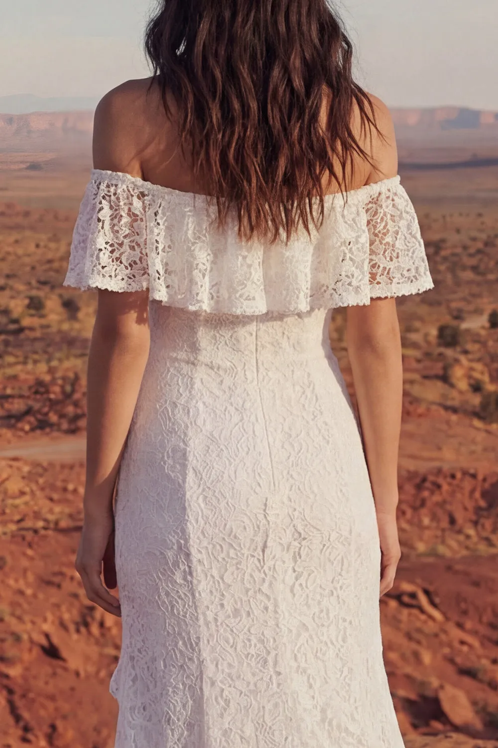 Boho Ivory Off the Shoulder Mermaid Lace Wedding Dress with Slit sold by Wedtrend product image thumbnail 4