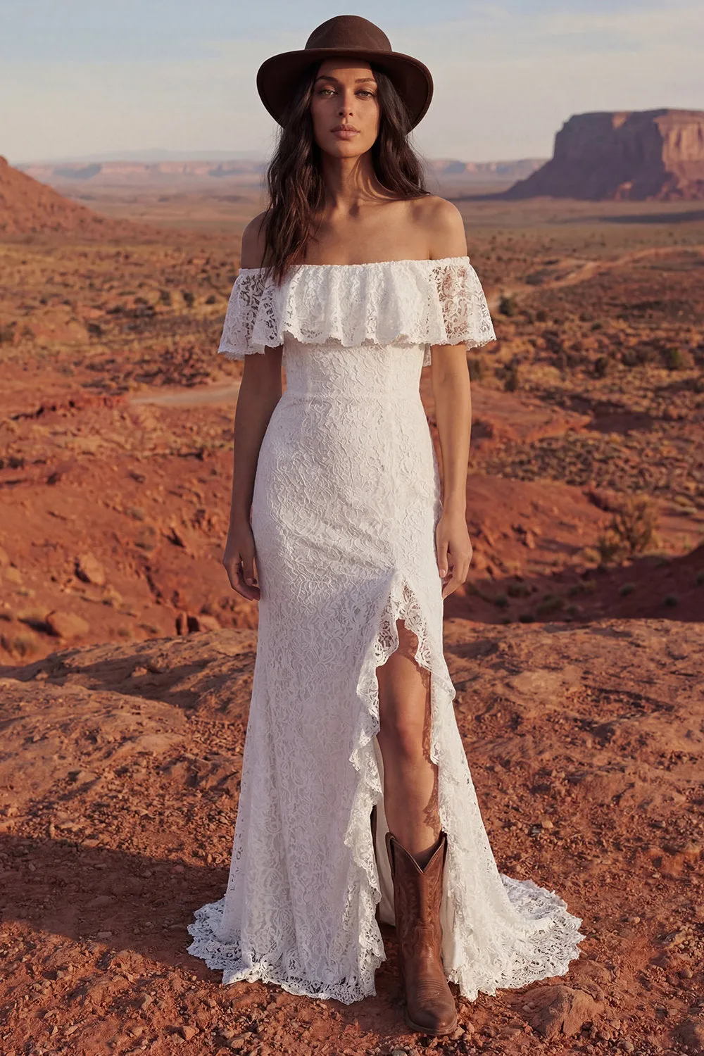 Boho Ivory Off the Shoulder Mermaid Lace Wedding Dress with Slit sold by Wedtrend