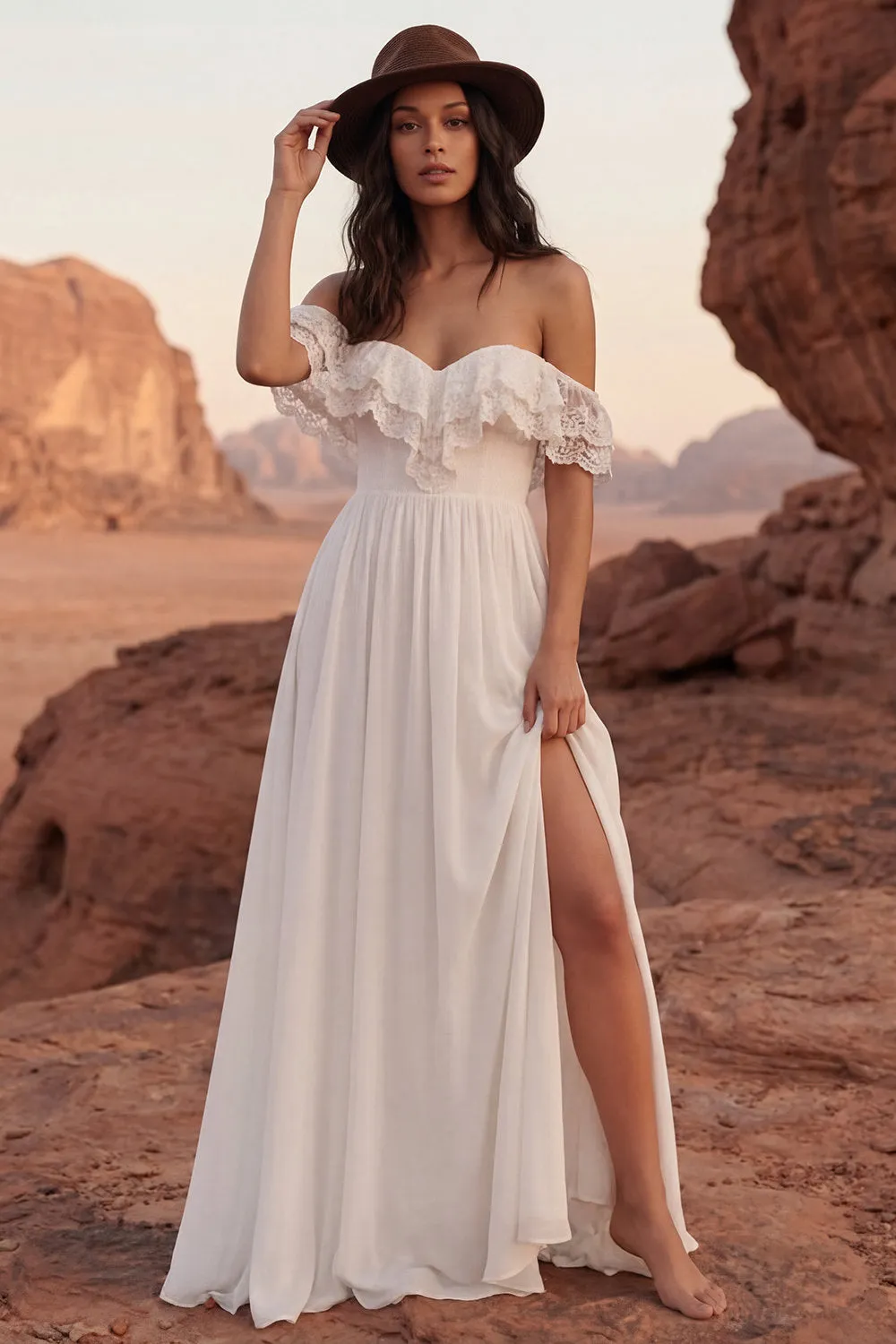Ivory A Line Ruffle Lace Off the Shoulder Wedding Dress with Slit sold by Wedtrend