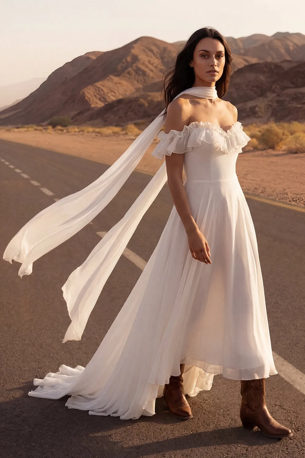 Off the Shoulder Ivory A Line Ruffled High Low Wedding Dress with Sash sold by Wedtrend