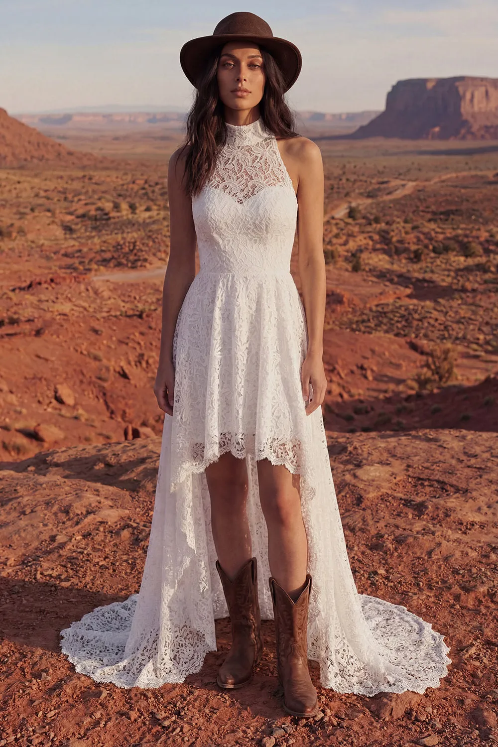 Lace Ivory High Neck A Line High Low Boho Wedding Dress sold by Wedtrend